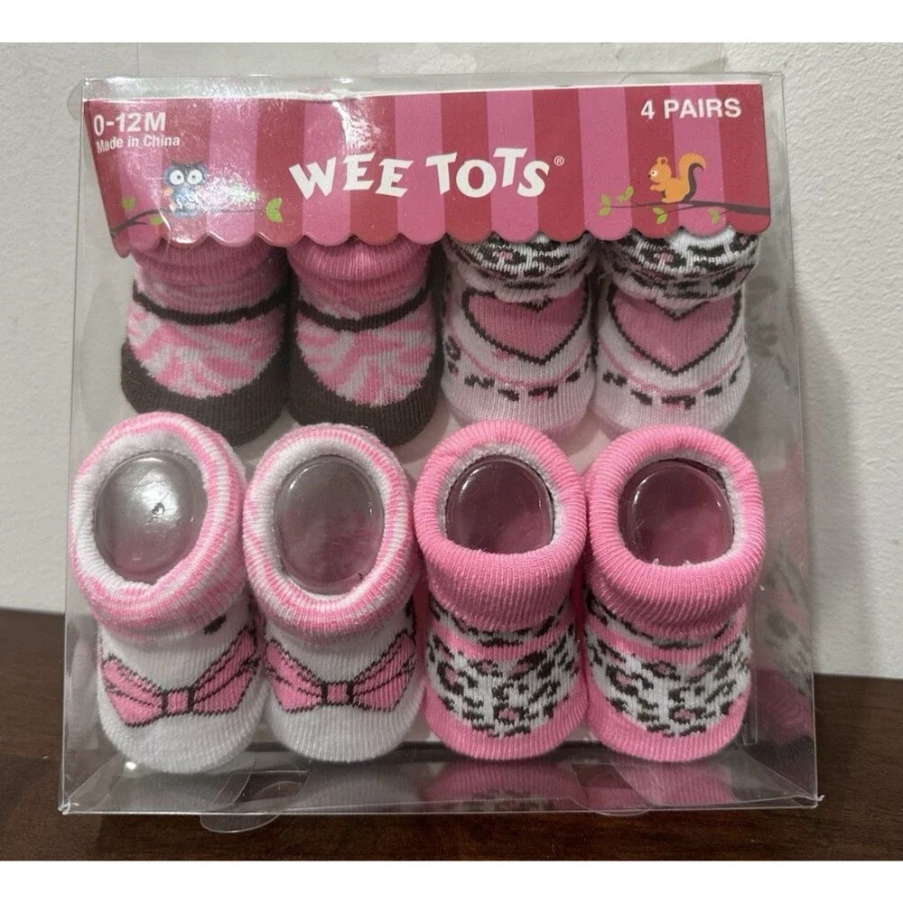 Wee Tots 4 pack baby girl socks size 0-12 months white pink brown colors